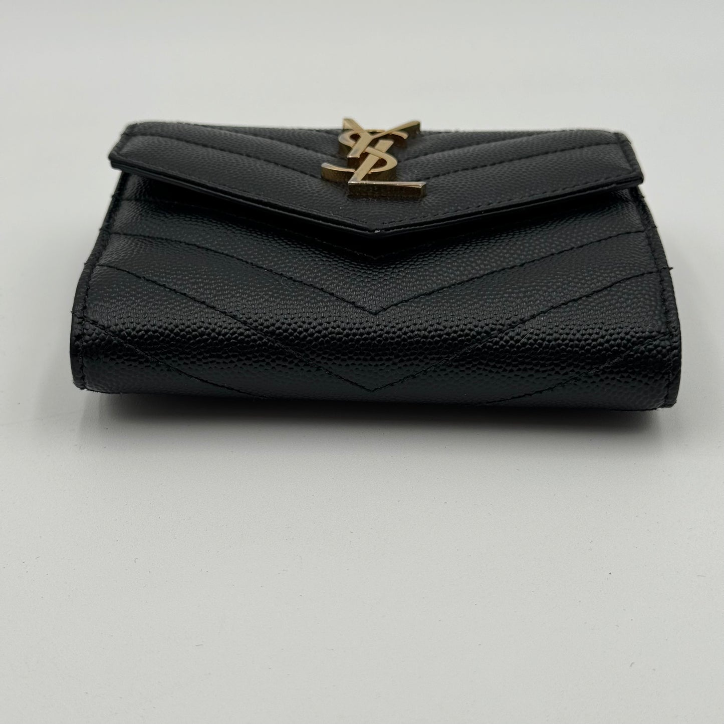 Saint Laurent Black Grain De Poudre Matelasse Chevron Compact Tri Fold Wallet