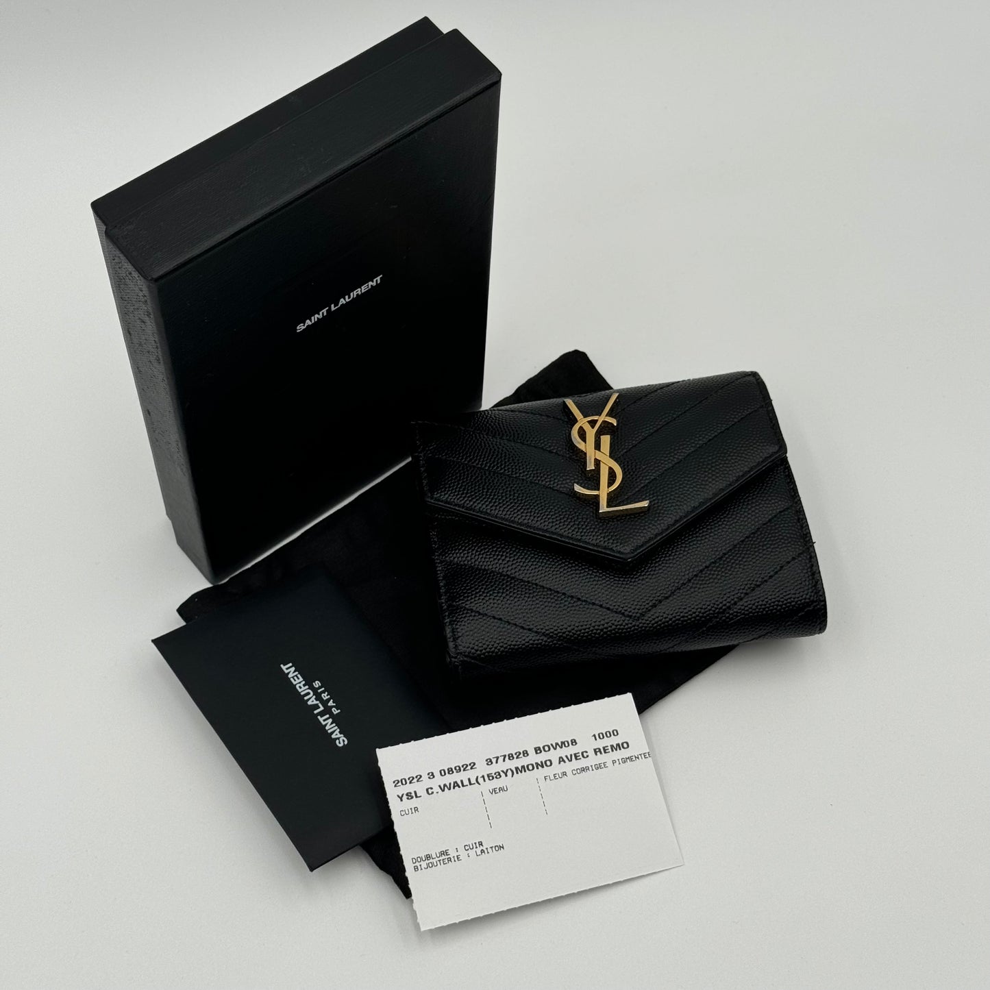 Saint Laurent Black Grain De Poudre Matelasse Chevron Compact Tri Fold Wallet