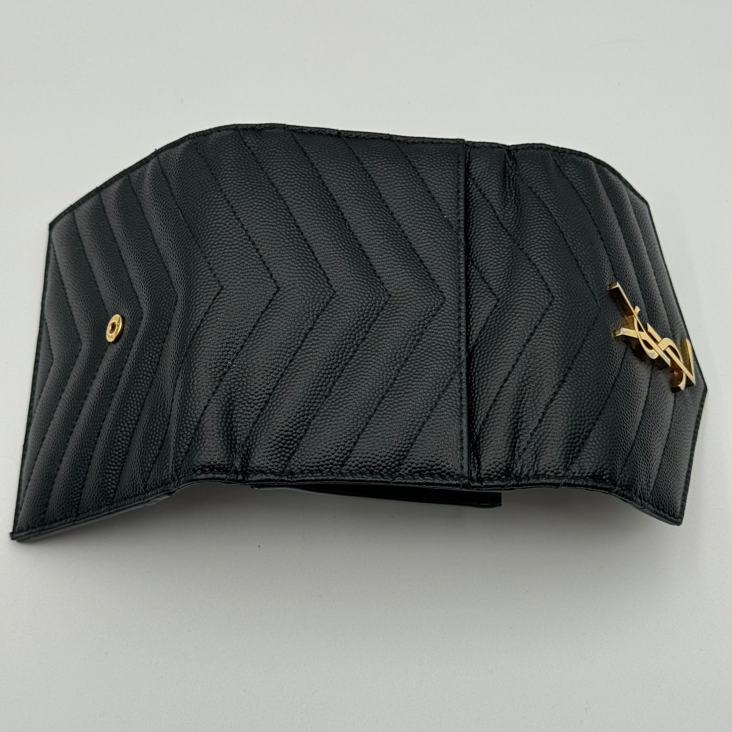 Saint Laurent Black Grain De Poudre Matelasse Chevron Compact Tri Fold Wallet