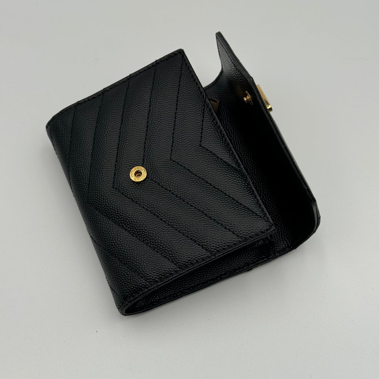 Saint Laurent Black Grain De Poudre Matelasse Chevron Compact Tri Fold Wallet