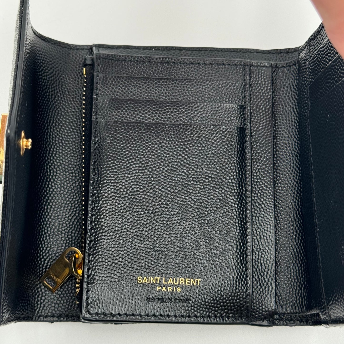 Saint Laurent Black Grain De Poudre Matelasse Chevron Compact Tri Fold Wallet