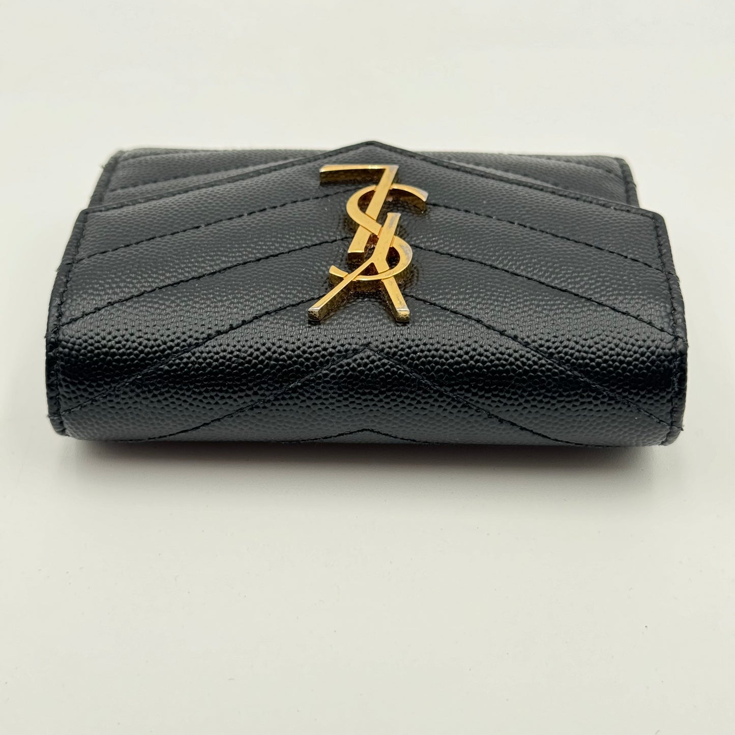 Saint Laurent Black Grain De Poudre Matelasse Chevron Compact Tri Fold Wallet