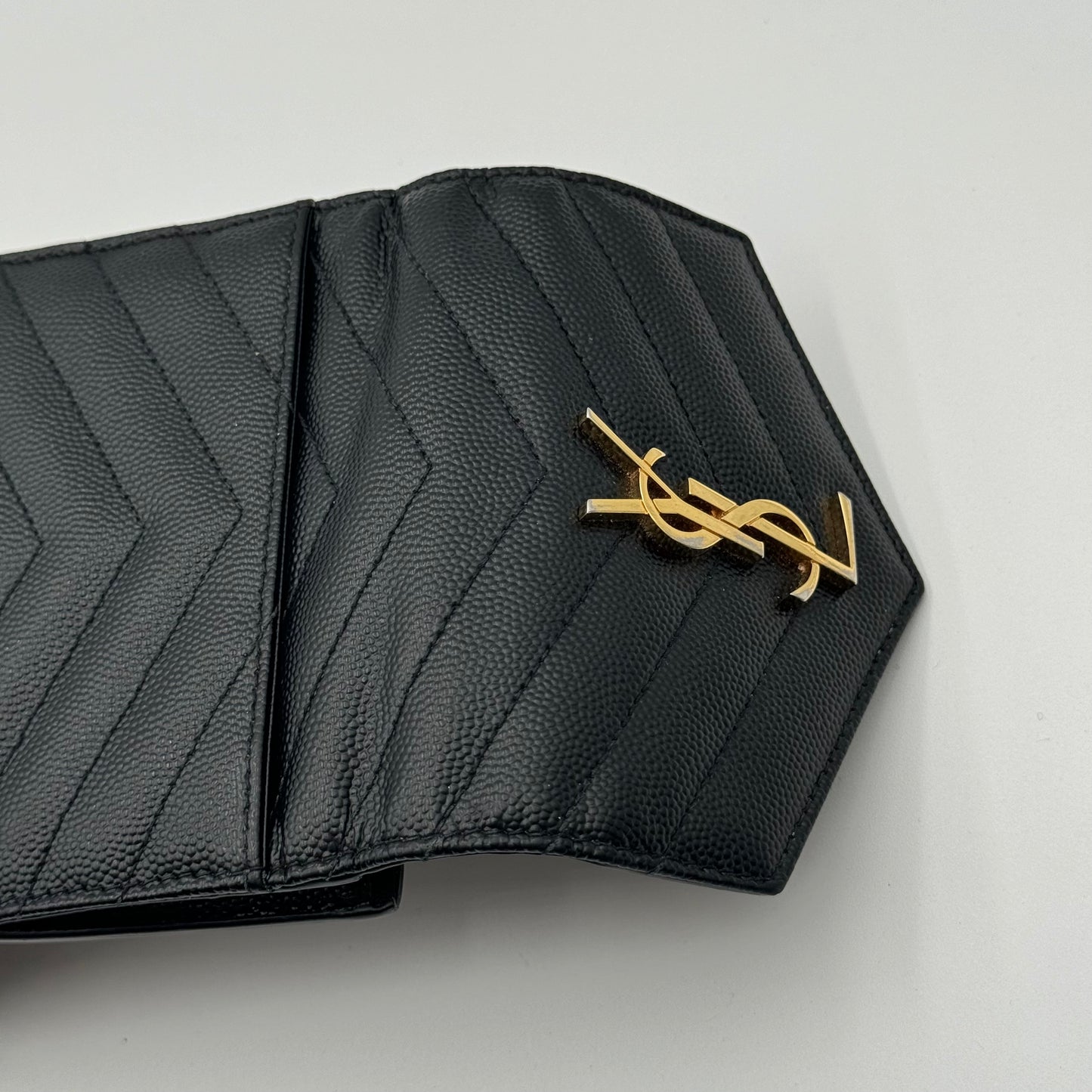 Saint Laurent Black Grain De Poudre Matelasse Chevron Compact Tri Fold Wallet