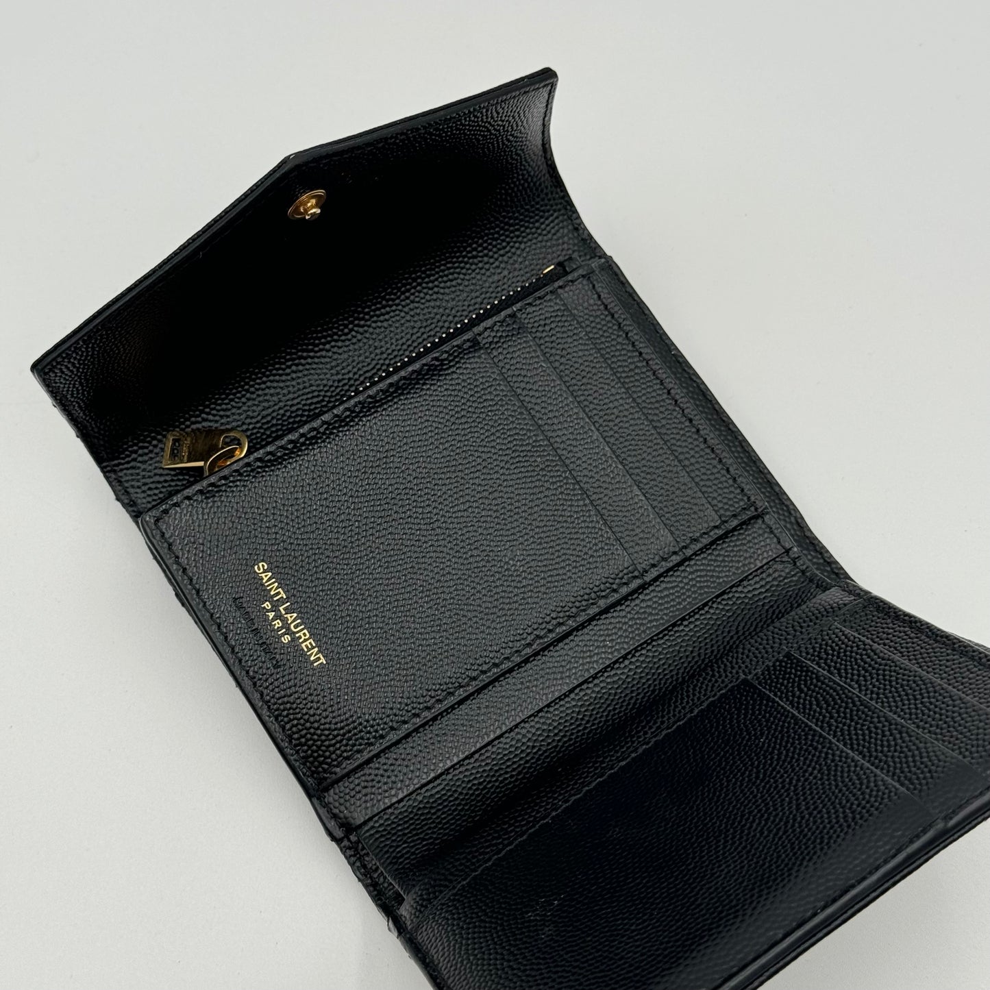 Saint Laurent Black Grain De Poudre Matelasse Chevron Compact Tri Fold Wallet