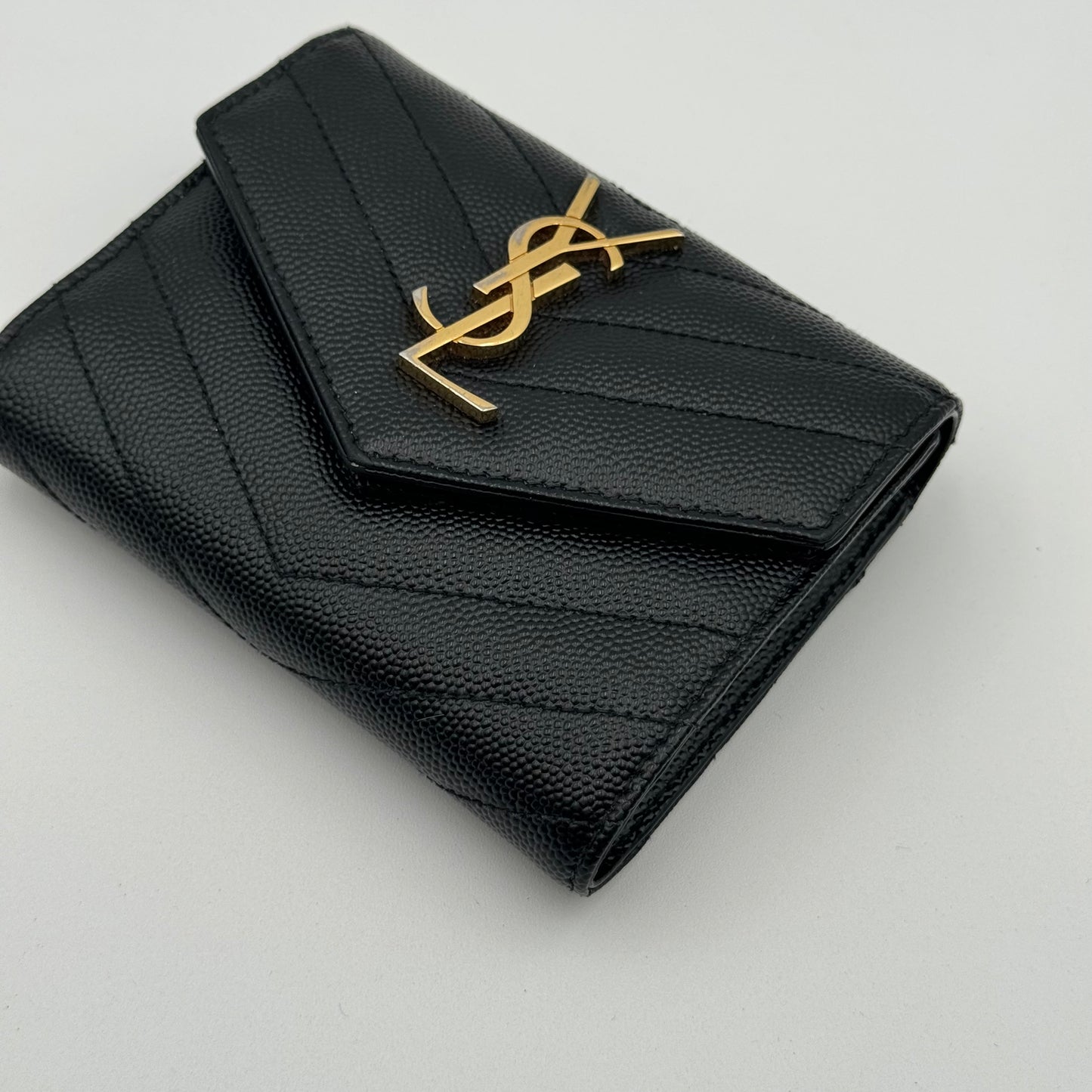 Saint Laurent Black Grain De Poudre Matelasse Chevron Compact Tri Fold Wallet