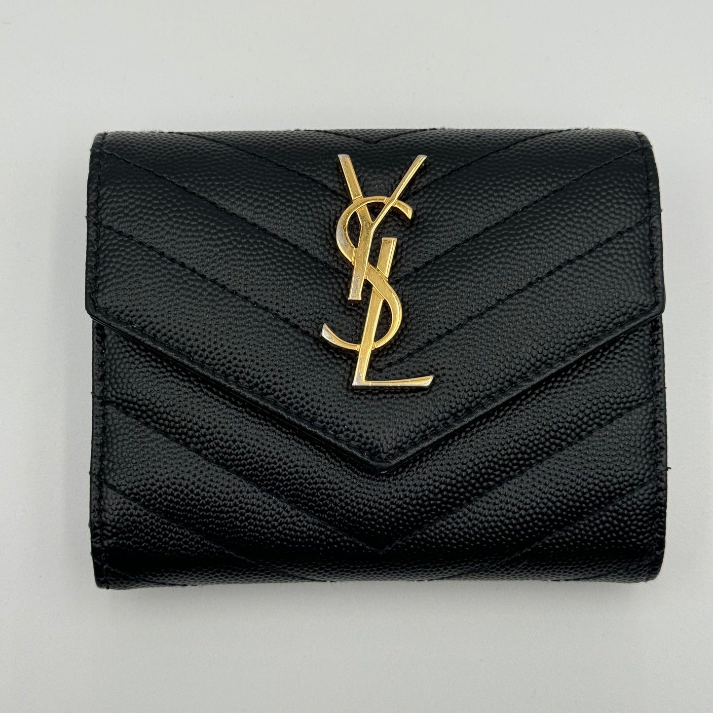 Saint Laurent Black Grain De Poudre Matelasse Chevron Compact Tri Fold Wallet