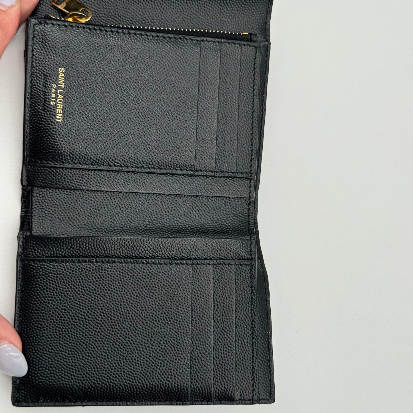 Saint Laurent Black Grain De Poudre Matelasse Chevron Compact Tri Fold Wallet