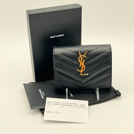 Saint Laurent Black Grain De Poudre Matelasse Chevron Compact Tri Fold Wallet